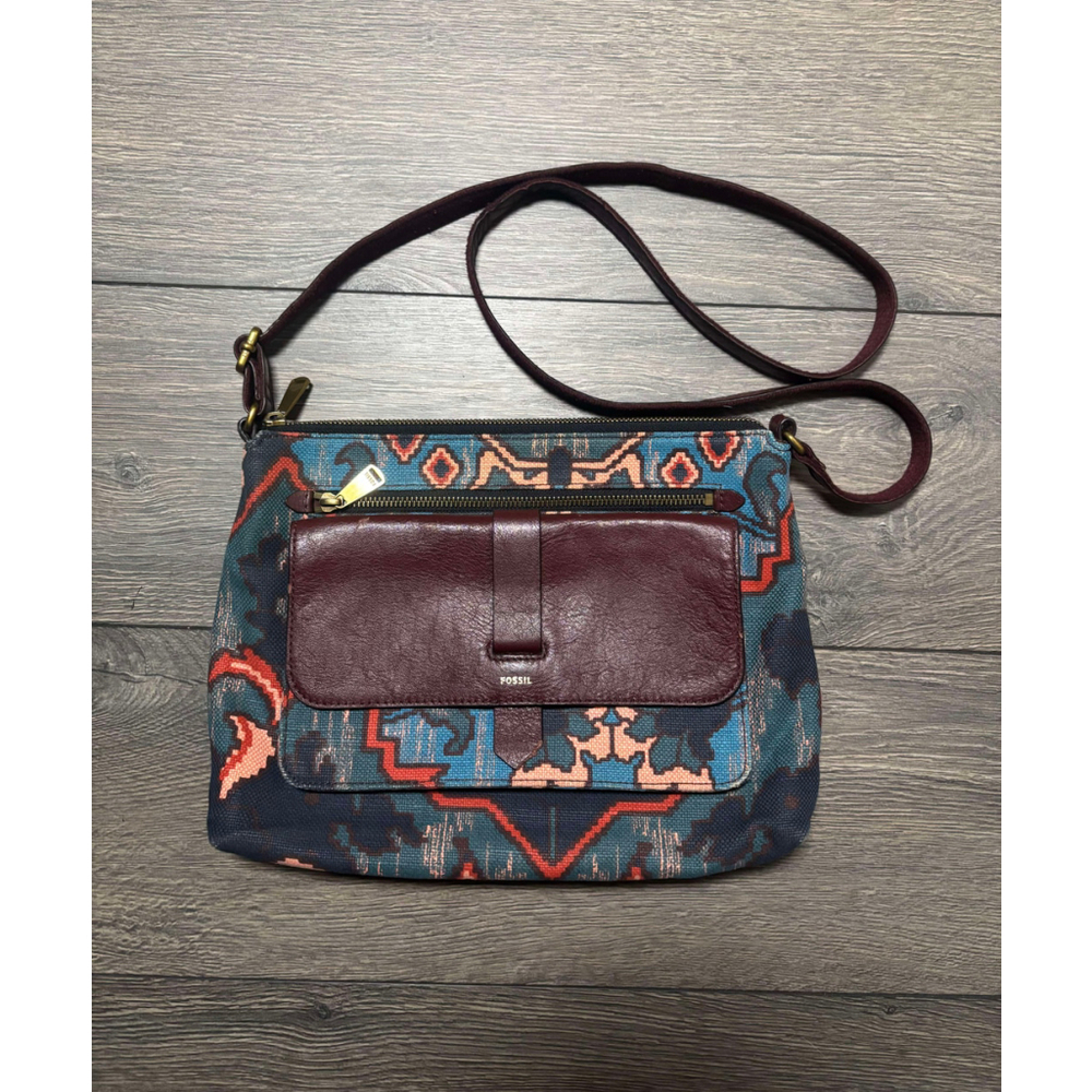 Fossil Kinley Crossbody Bag Boho Print Canvas Leather Multi Textile Burgundy OS - Picture 4 of 16